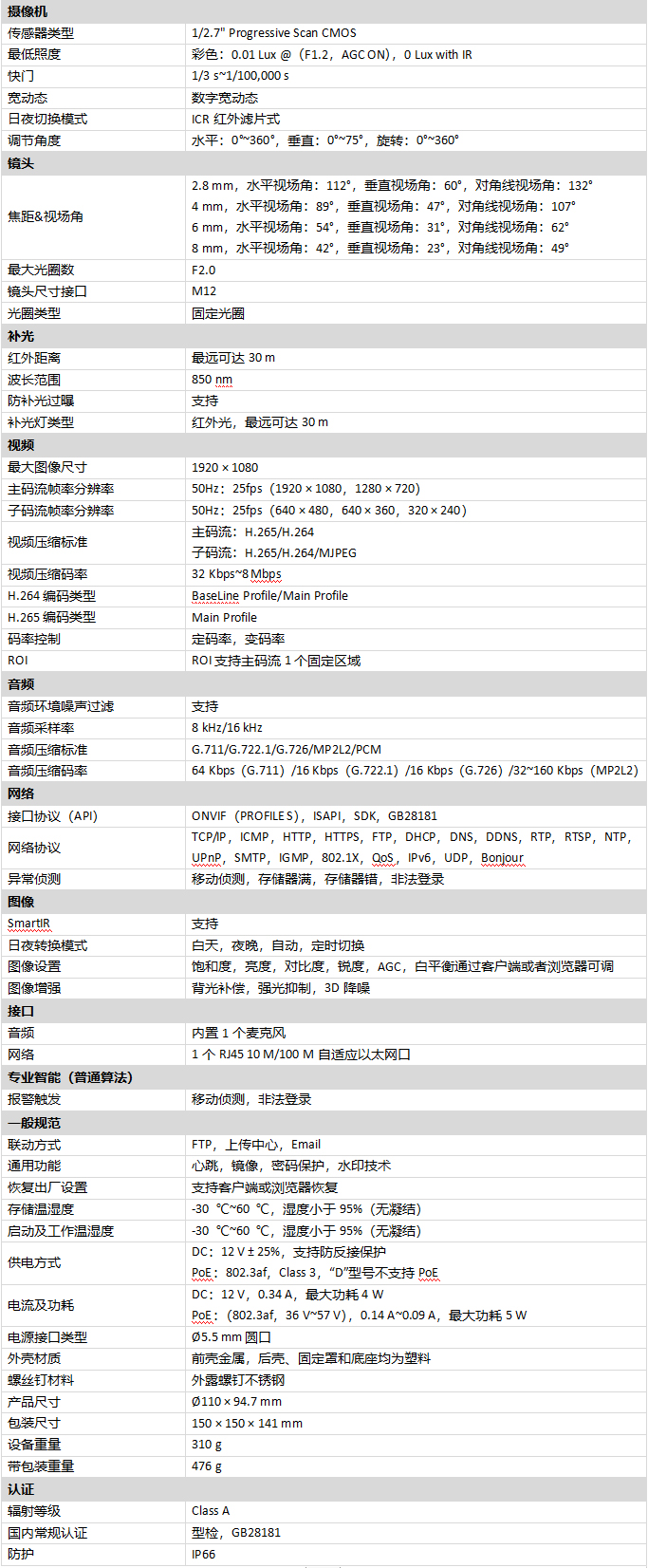 DS-2CD2325C(D)V3-I(B)规格参数