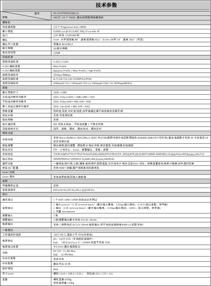 DS-2CD2T28F(D)WD-LS规格参数